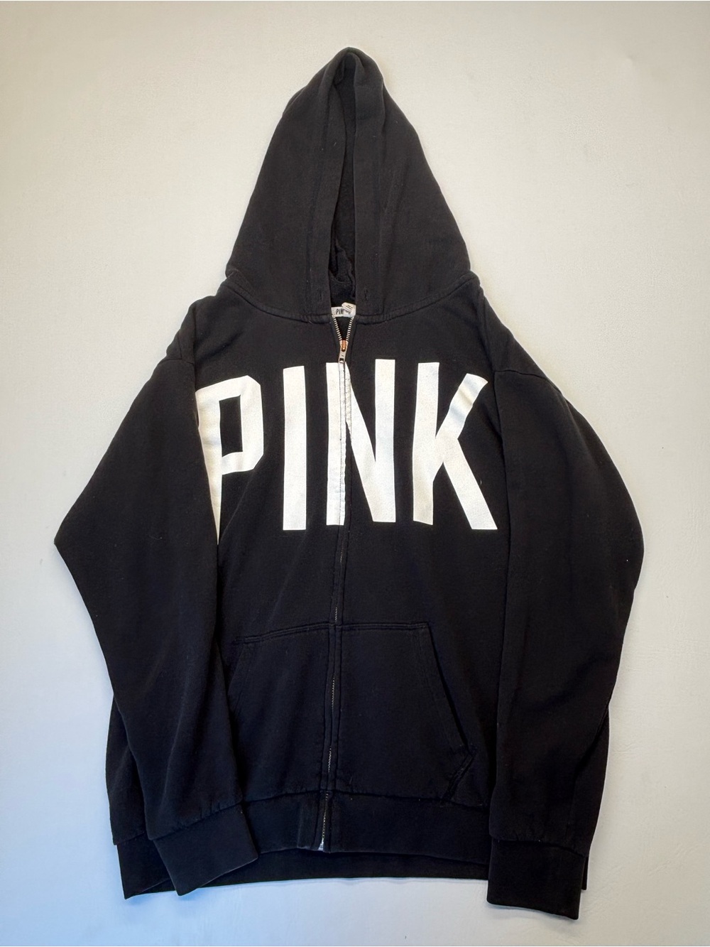 Victoria's Secret PINK Black Zip-Up Hoodie with White Logo Woman’s S